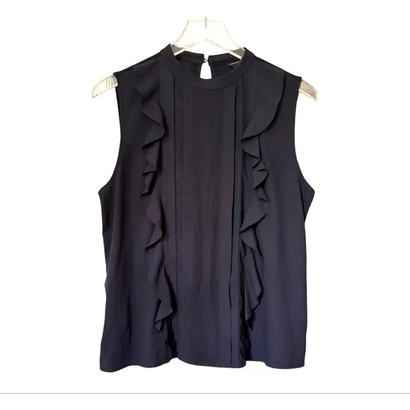 Women's Ann Taylor Navy Ruffle Pleated Sleeveless Blouse M - Picture 7 of 10